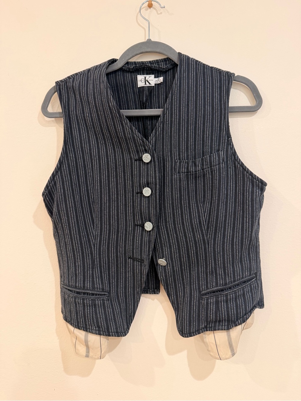 Vintage Calvin Klein Women’s Navy Pinstripe Vest - Button Front